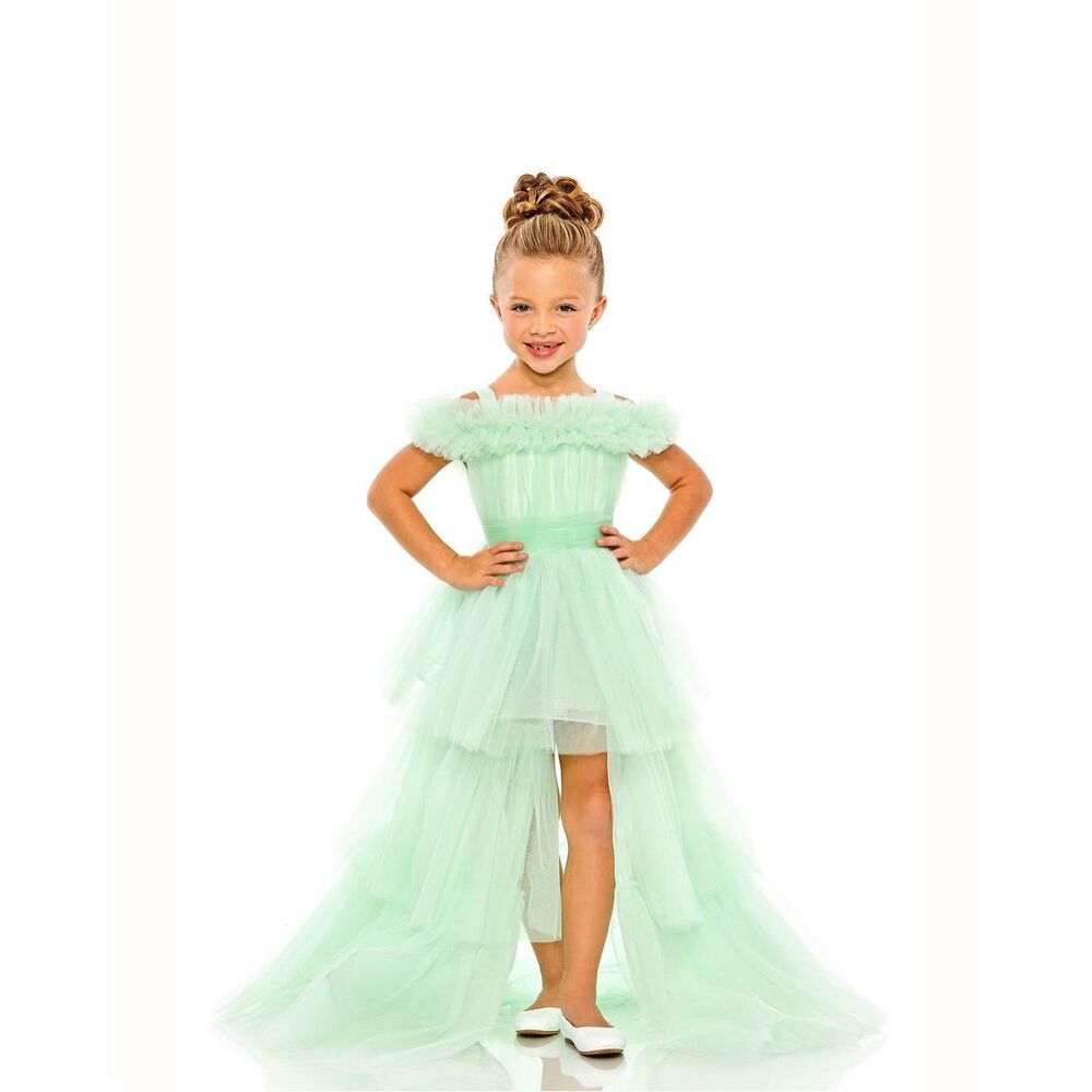 NWT MAC DUGGAL Green Girls Off the Shoulder High Low Tulle Dress $398
